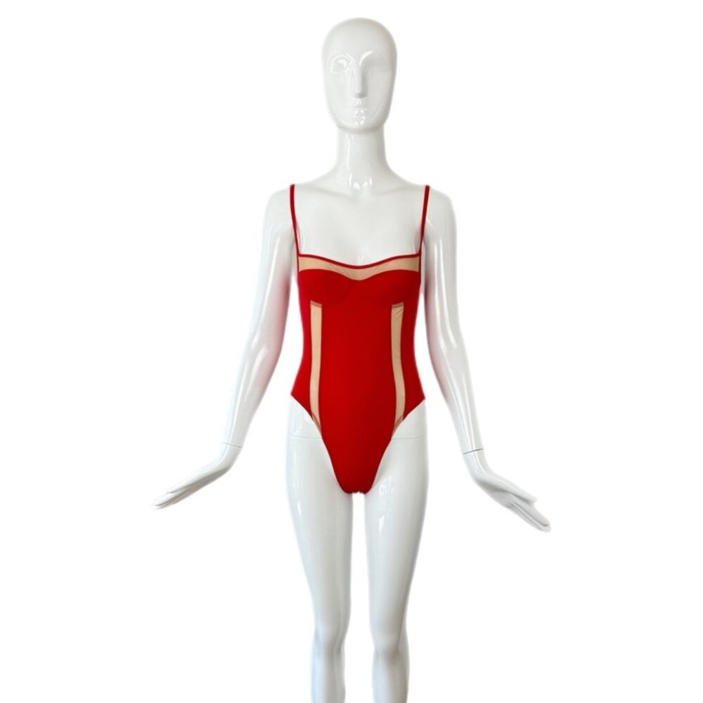 HERVE LEGER 90's Vintage Red Sheer High Cut Swimsuit Bathing Suit One Piece
